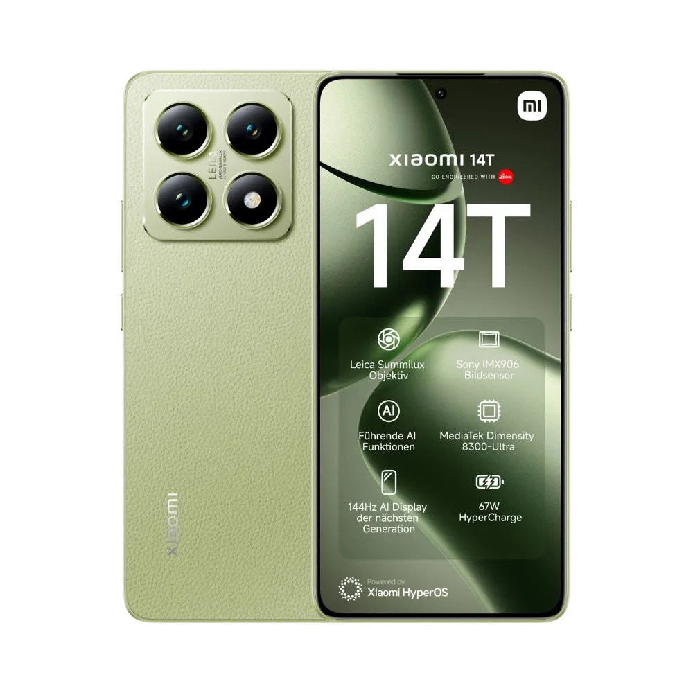 Xiaomi 14T vert en vue avant et arrière — réparation écran, vitre arrière et batterie chez iTelier Lyon, diagnostic gratuit, pièces d’origine garanties 1 an, service express.