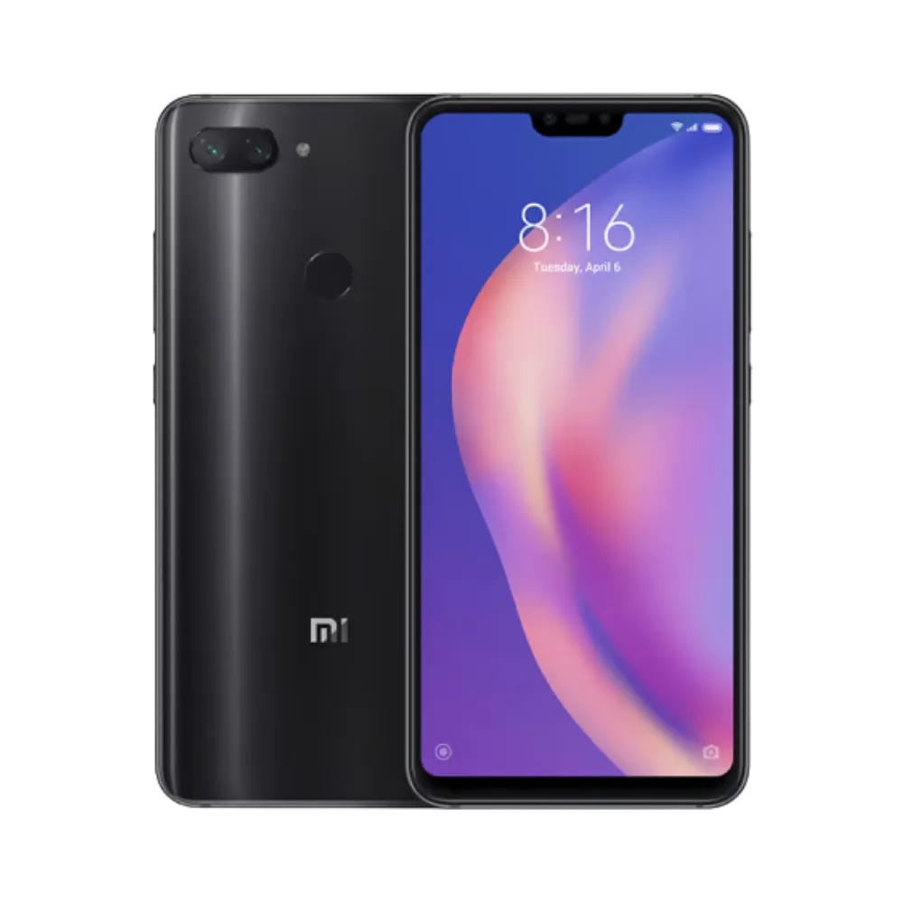 Xiaomi Mi 8 Lite noir en vue avant et arrière — réparation écran LCD, vitre arrière fissurée et changement de batterie par iTelier Lyon, diagnostic gratuit, pièces d’origine garanties 12 mois, service express France.