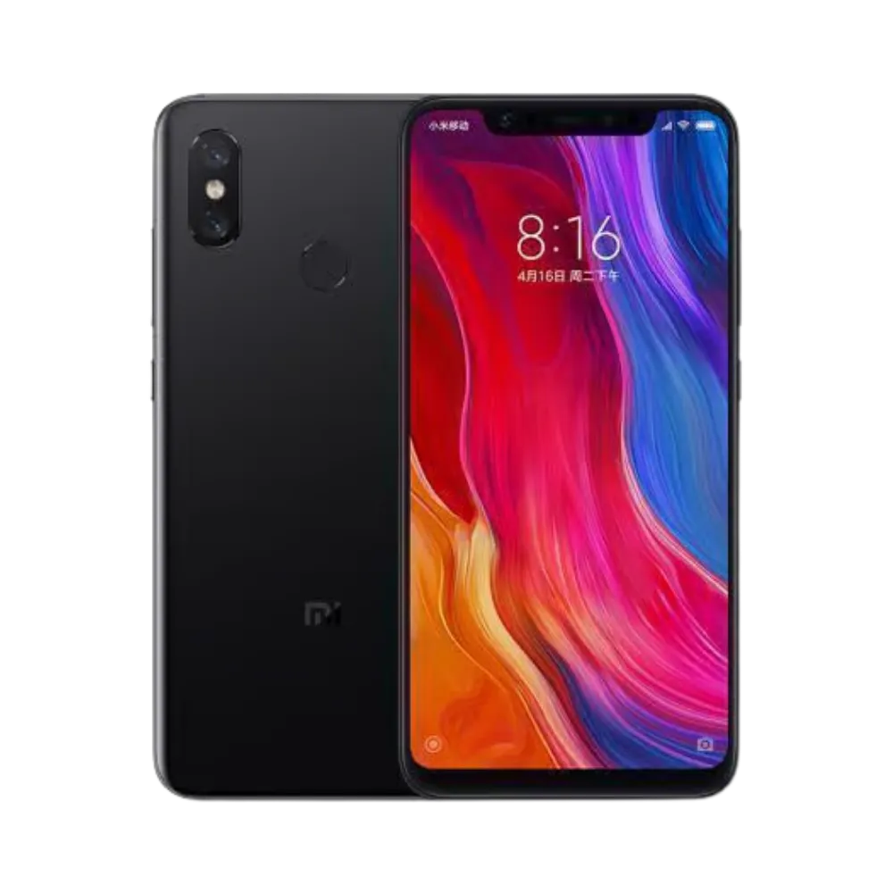 Xiaomi Mi 8 noir en vue avant et arrière — réparation écran AMOLED, remplacement vitre arrière cassée et changement batterie par iTelier Lyon, devis gratuit, service rapide en boutique et par correspondance France.