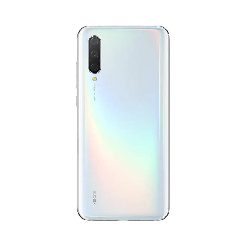 Dos du Xiaomi Mi 9 Lite blanc nacré avec triple caméra verticale — réparation appareil photo, lentille et vitre arrière par iTelier Lyon, techniciens experts, diagnostic offert et pièces garanties.