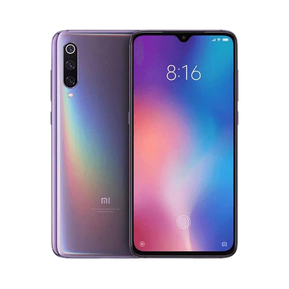 Xiaomi Mi 9 en vue avant et arrière — réparation écran AMOLED, vitre arrière et changement de batterie par iTelier Lyon, diagnostic gratuit, pièces d’origine garanties 1 an, service express France.