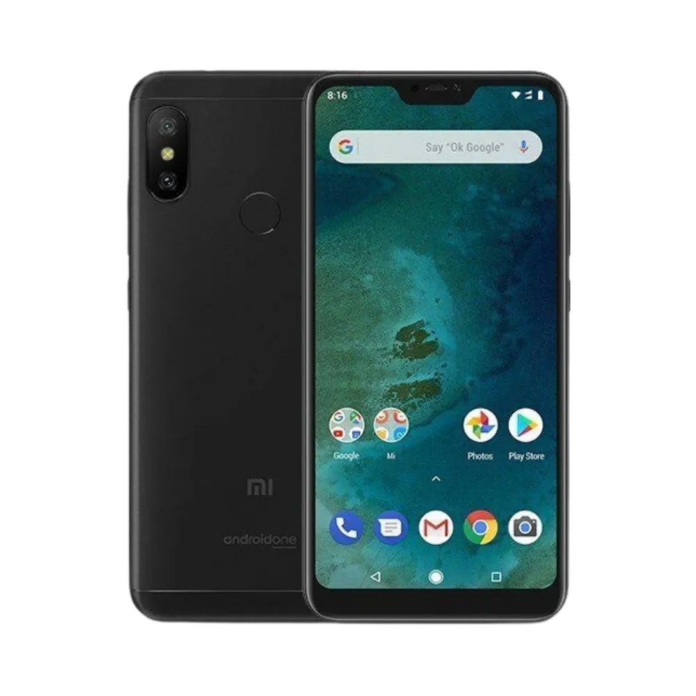 Xiaomi Mi A2 Lite noir en vue avant et arrière — réparation écran LCD avec encoche, remplacement vitre cassée et changement batterie par iTelier Lyon, devis gratuit, réparation rapide en boutique et service par correspondance France.