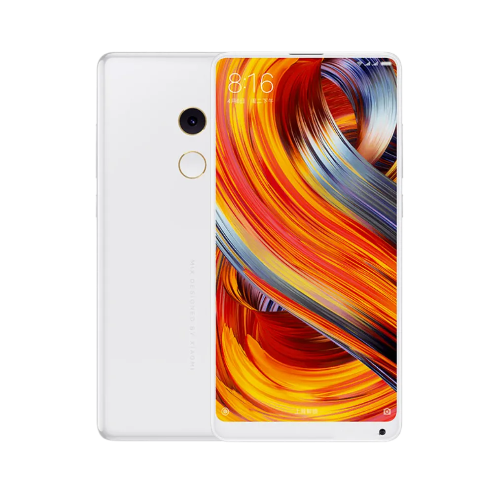 Xiaomi Mi Mix 2 blanc en vue avant et arrière — réparation écran LCD borderless, remplacement vitre tactile cassée et changement batterie par iTelier Lyon, devis gratuit, service express en boutique ou par correspondance en France.