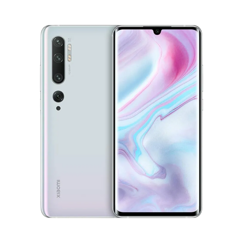 Xiaomi Mi Note 10 Pro blanc nacré en vue avant et arrière — réparation écran AMOLED incurvé, remplacement vitre cassée et changement batterie haute capacité par iTelier Lyon, devis gratuit, service rapide garanti.