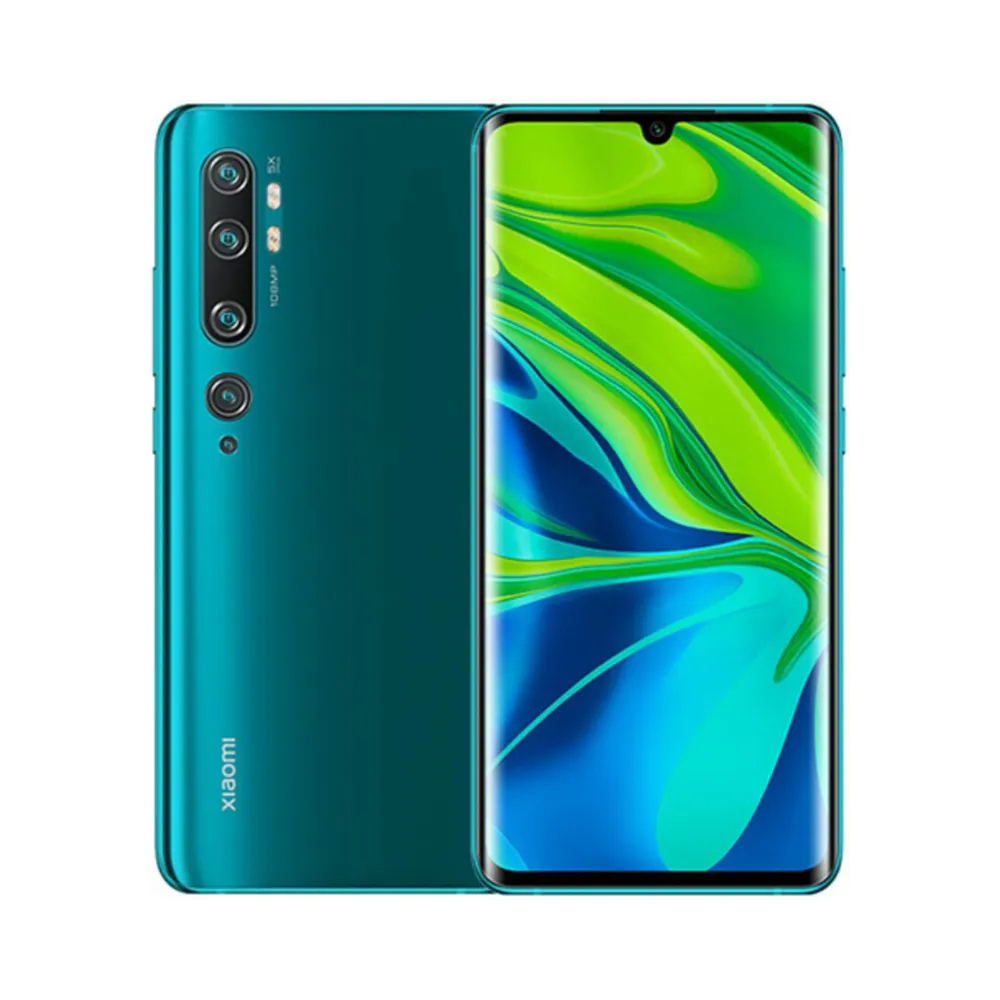 Xiaomi Mi Note 10 vert en vue avant et arrière — réparation écran AMOLED incurvé, remplacement vitre avant fissurée et changement batterie par iTelier Lyon, devis gratuit, réparation rapide garantie en boutique et par correspondance.