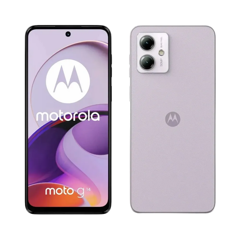 Réparation Motorola G14 à Lyon – iTelier : photo en angle avec écran allumé, parfaite pour représenter la réparation d’écran tactile fissuré ou affichage défectueux. Service rapide en boutique Lyon 6 et envoi postal France entière.