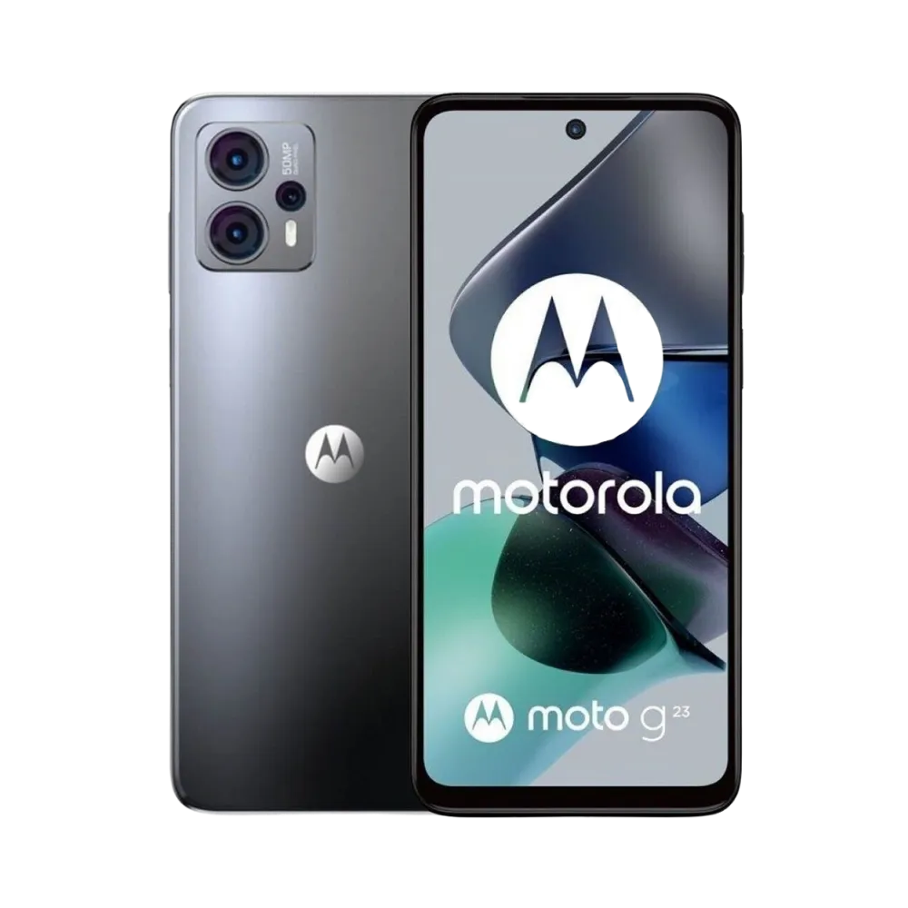 Réparation Motorola G23 à Lyon – iTelier : vue avant avec écran éteint, idéale pour illustrer le remplacement d’écran fissuré ou tactile non réactif. Diagnostic gratuit, pièces garanties et service express en boutique Lyon 6 ou par envoi national.
