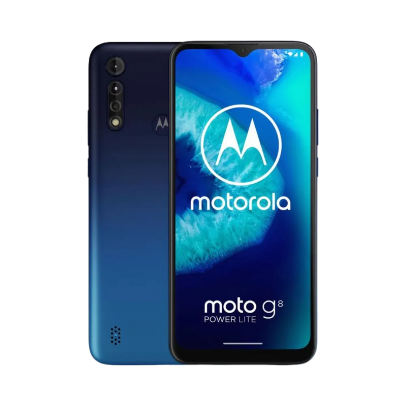 Réparation Motorola G8 Power Lite à Lyon – iTelier : vue avant et arrière du smartphone, idéale pour illustrer le remplacement d’écran fissuré et la réparation de vitre arrière. Diagnostic gratuit, pièces garanties et service express en boutique Lyon 6 ou par envoi national.