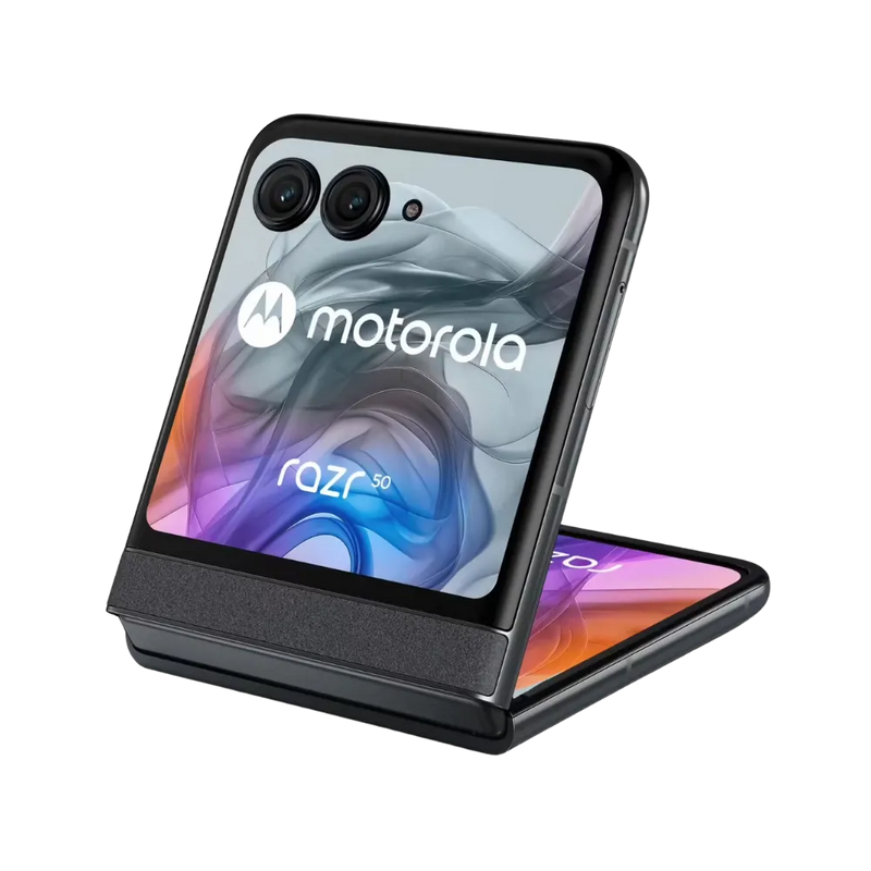 Diagnostic Motorola Razr 50 à Lyon – iTelier : vue inclinée montrant l’écran externe allumé, parfaite pour illustrer les réparations liées aux défauts d’affichage, écran noir ou anomalies tactiles. Service express, diagnostic offert et pièces garanties.