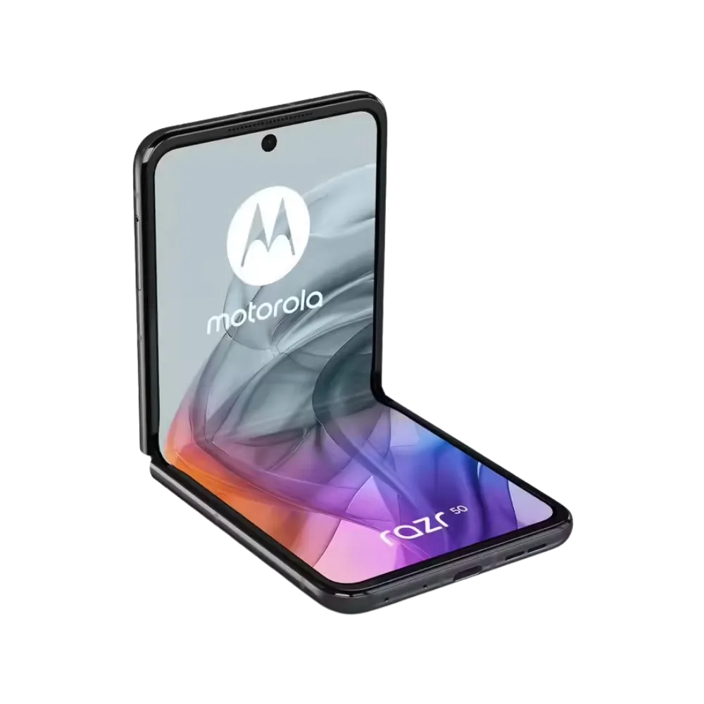 Motorola Razr 50 – vue semi-pliée avec affichage externe et interne visibles. iTelier Lyon : réparation écran pliable, charnière, vitre arrière ou connecteur. Diagnostic offert, service express et garantie 1 an.