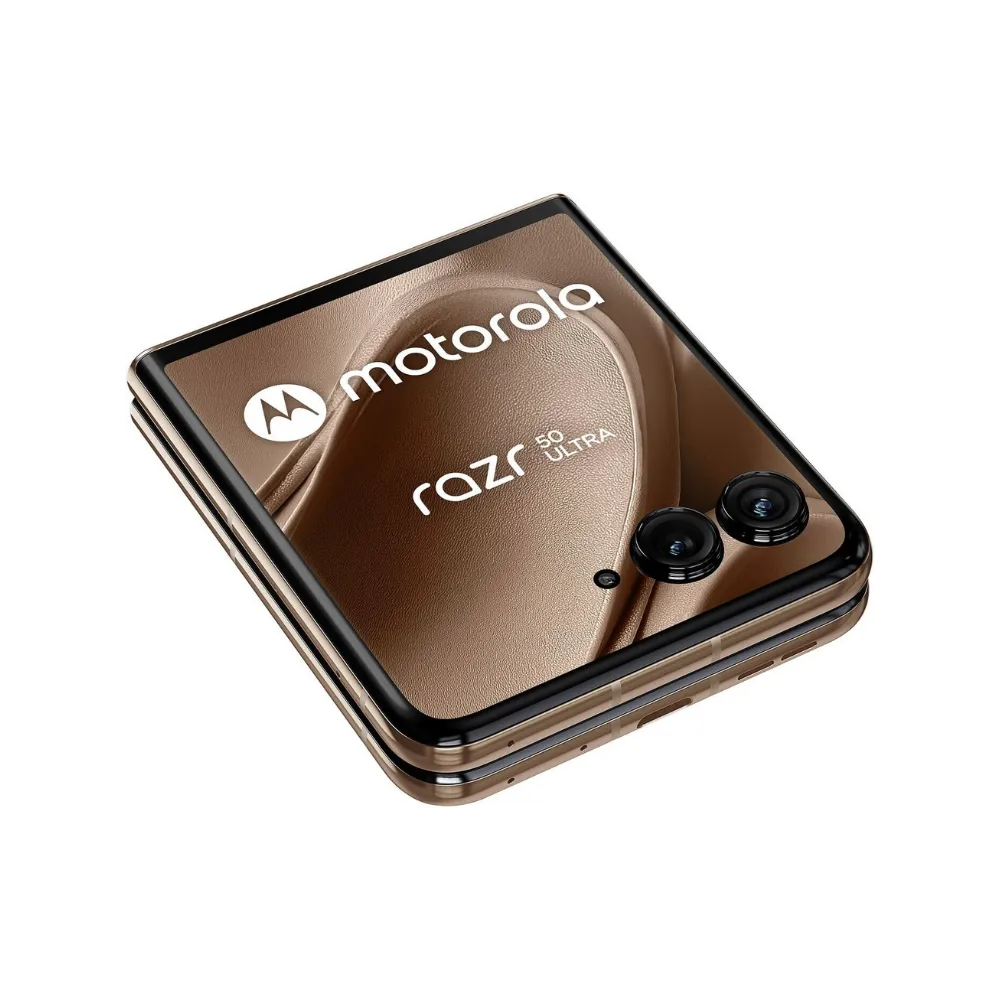 Motorola Razr 50 Ultra – vue inclinée pliée mettant en valeur l’écran externe et le design. iTelier Lyon : réparation écran pliable, vitre arrière, châssis ou connecteur de charge. Diagnostic gratuit, service express et garantie 1 an.