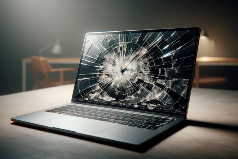 Ordinateur portable avec écran totalement brisé, pris en charge pour réparation chez iTelier Lyon – spécialiste en remplacement d’écrans cassés toutes marques avec garantie