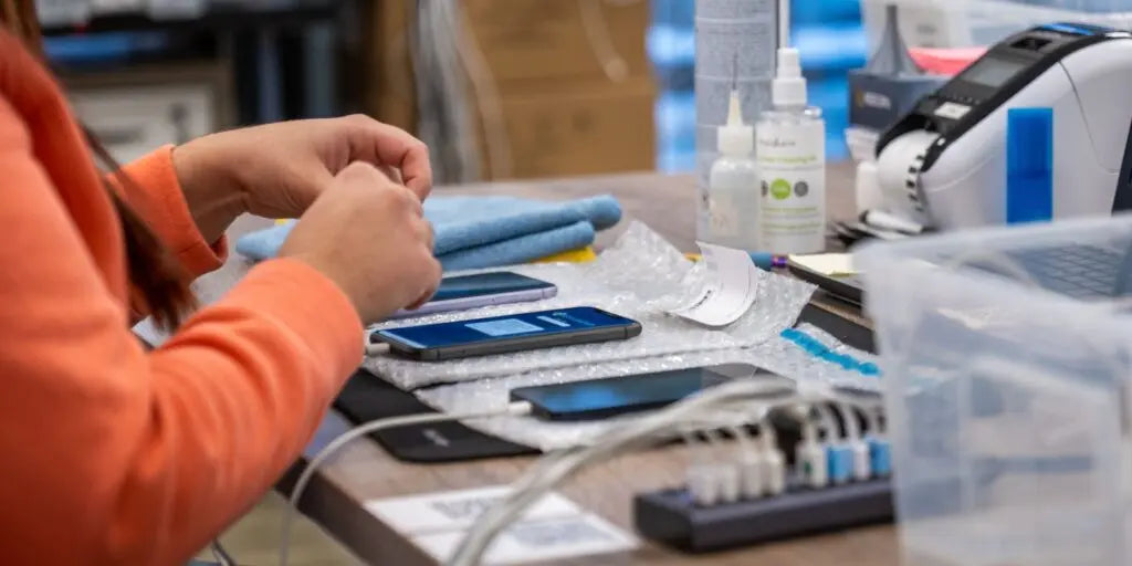 Technicien iTelier réparant une flotte de smartphones pour une entreprise, service professionnel à Lyon et partout en France.