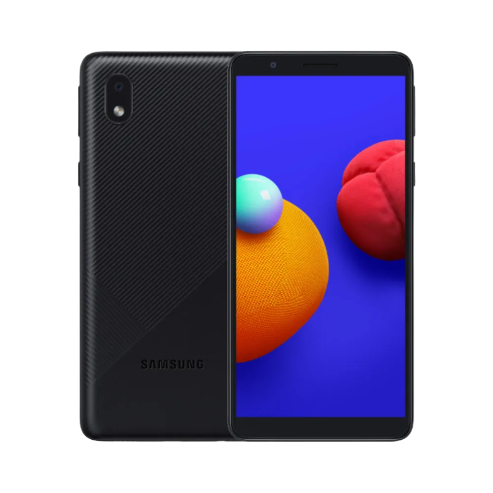 Samsung Galaxy A01 Core noir vu de face et de dos – réparation écran fissuré, remplacement batterie et connecteur de charge avec iTelier Lyon – diagnostic gratuit, réparation express en boutique et service par correspondance France entière.