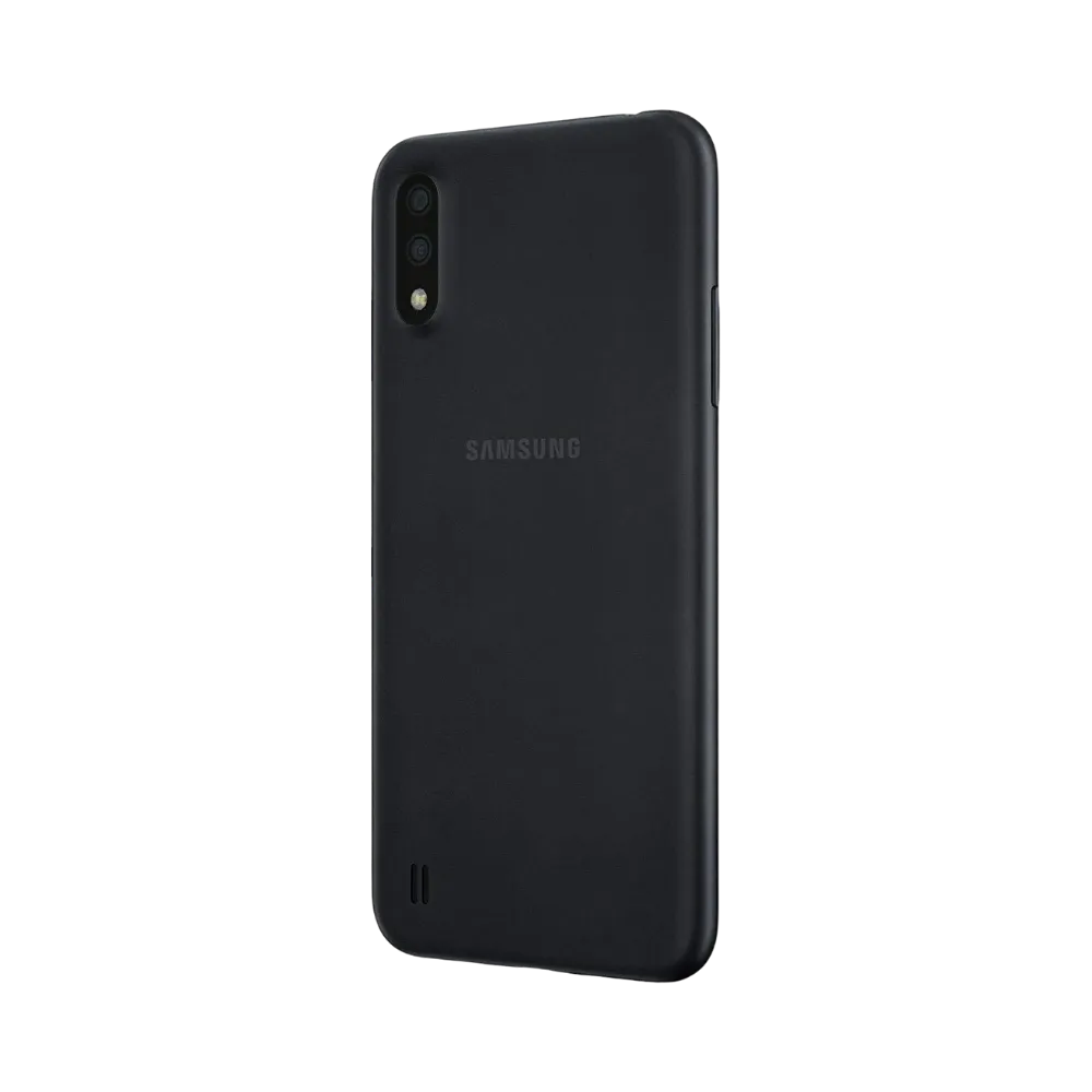 Dos noir Samsung Galaxy A01 avec double caméra – remplacement vitre arrière brisée et réparations certifiées par iTelier Lyon – service fiable et écologique, réparation en boutique ou expédition nationale.