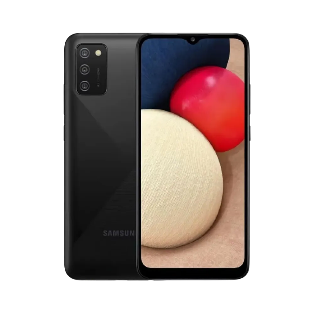 Samsung Galaxy A02s noir vu de face et de dos – réparation écran LCD cassé, remplacement batterie défectueuse ou connecteur de charge avec iTelier Lyon – diagnostic gratuit, réparations rapides garanties 12 mois en boutique ou par envoi national.