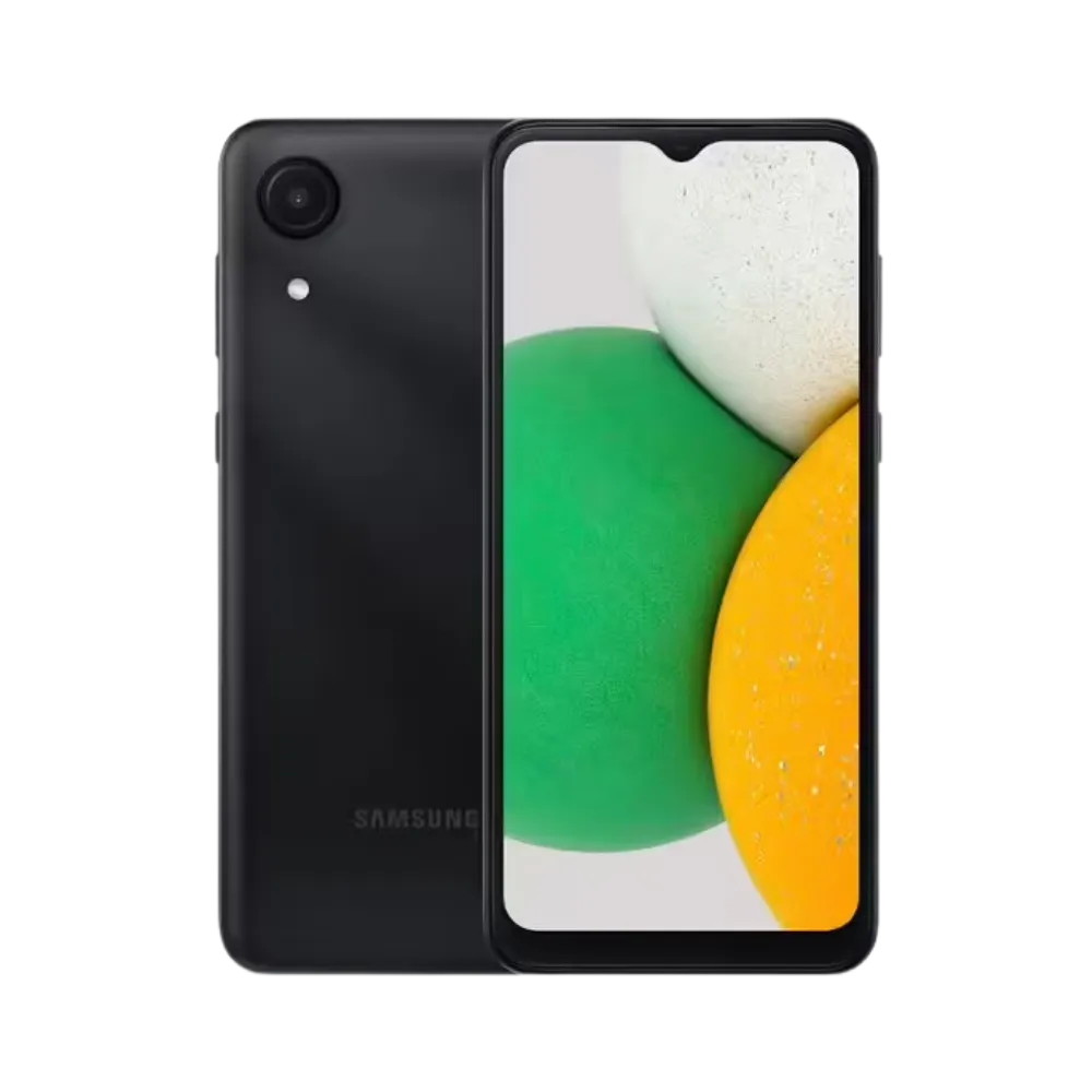 Samsung Galaxy A03 Core noir vu de face et de dos – réparation écran cassé, remplacement batterie ou connecteur avec iTelier Lyon – diagnostic offert, réparation rapide et pièces garanties 12 mois en boutique ou par correspondance France.