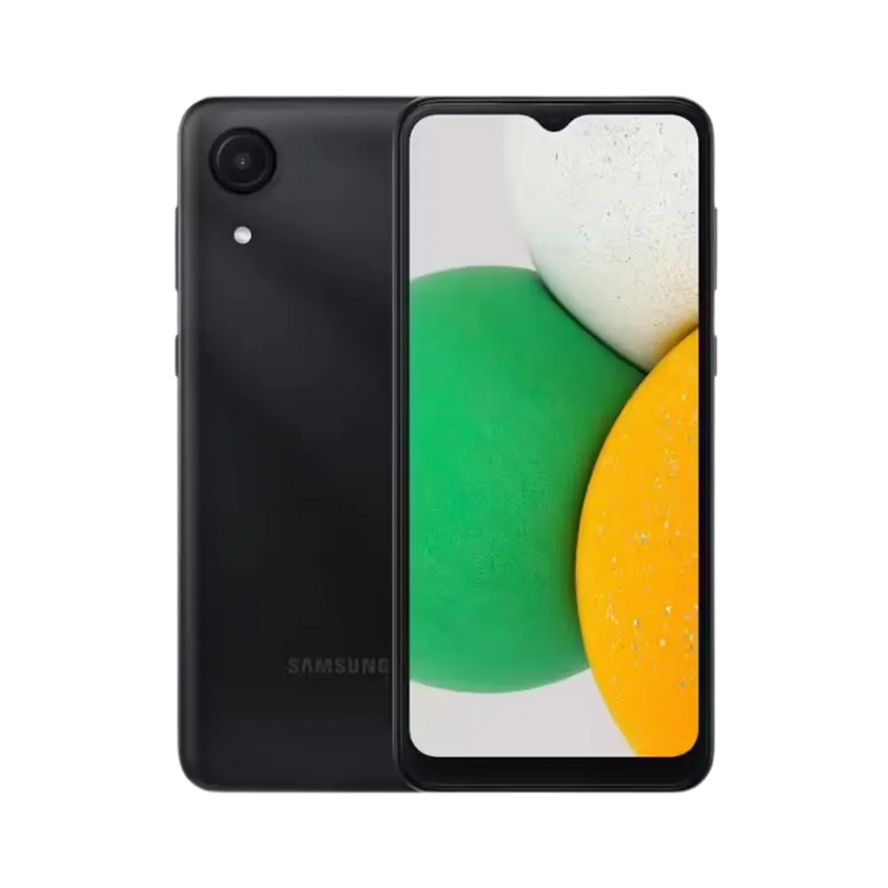 Samsung Galaxy A03 Core noir vu de face et de dos – réparation écran cassé, remplacement batterie ou connecteur avec iTelier Lyon – diagnostic offert, réparation rapide et pièces garanties 12 mois en boutique ou par correspondance France.