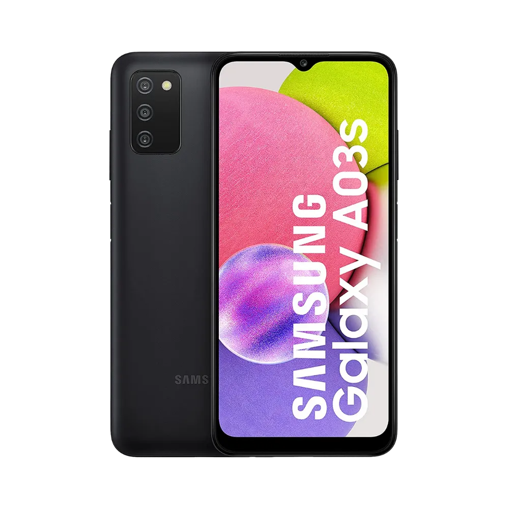 Samsung Galaxy A03s noir vu de face et de dos – réparation écran LCD fissuré, remplacement batterie ou connecteur de charge avec iTelier Lyon – diagnostic gratuit, réparation express en boutique et par correspondance France entière.