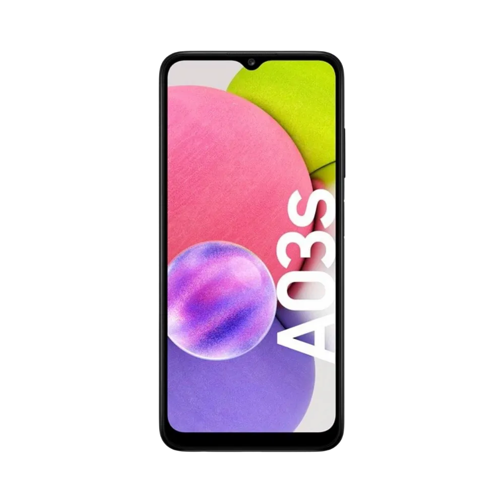 Samsung Galaxy A03s noir affichant fond coloré – réparation smartphone complète (écran, batterie, caméra arrière) avec iTelier Lyon – service local fiable, pièces garanties 12 mois, réparation rapide.