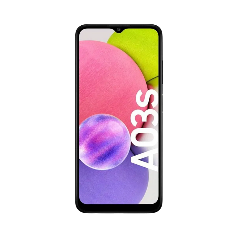 Samsung Galaxy A03s noir affichant fond coloré – réparation smartphone complète (écran, batterie, caméra arrière) avec iTelier Lyon – service local fiable, pièces garanties 12 mois, réparation rapide.