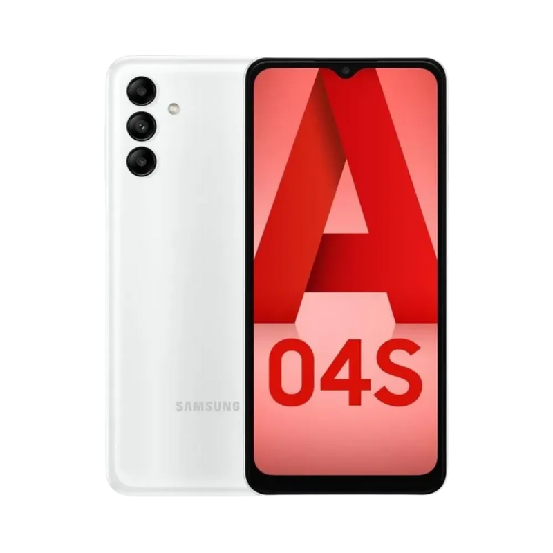 Samsung Galaxy A04s blanc vu de face et de dos – réparation écran LCD cassé, remplacement batterie et vitre arrière avec iTelier Lyon – diagnostic gratuit, service express en boutique ou par correspondance partout en France.