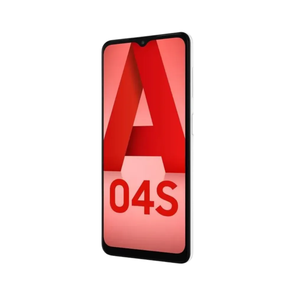 Samsung Galaxy A04s blanc affichant logo rouge – réparation smartphone (écran, batterie, connecteur de charge) chez iTelier Lyon – pièces d’origine garanties 12 mois, réparation rapide et fiable.