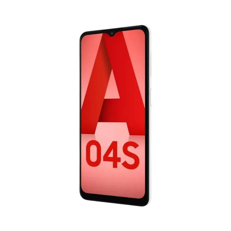 Samsung Galaxy A04s blanc affichant logo rouge – réparation smartphone (écran, batterie, connecteur de charge) chez iTelier Lyon – pièces d’origine garanties 12 mois, réparation rapide et fiable.