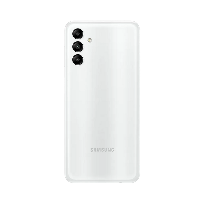 Dos blanc Samsung Galaxy A04s avec triple caméra – remplacement vitre arrière cassée, changement batterie et remise en état complète avec iTelier Lyon – service local et national, garantie 1 an.