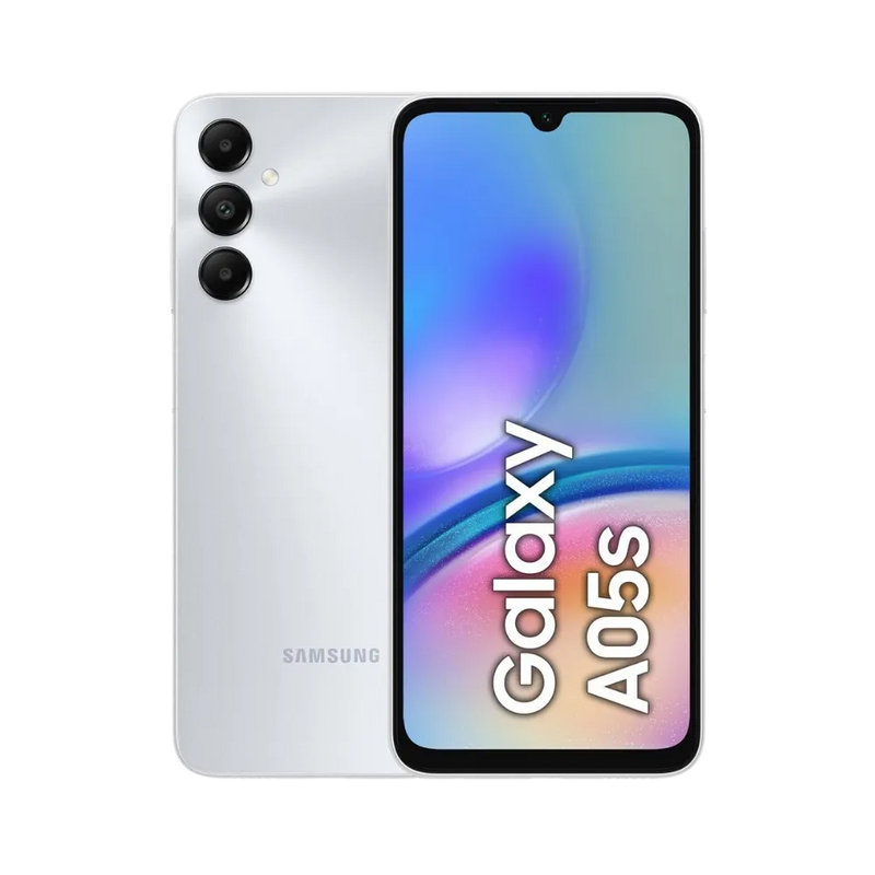 Samsung Galaxy A05s blanc vu de face et de dos – réparation écran LCD cassé, remplacement batterie et vitre arrière avec iTelier Lyon – diagnostic offert, réparation rapide en atelier ou par correspondance partout en France.