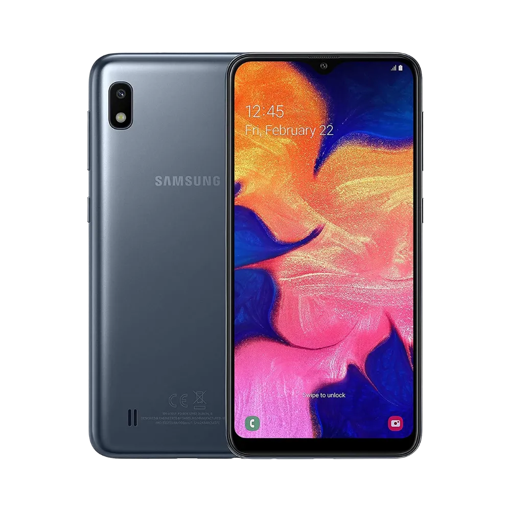 Samsung Galaxy A10 gris vu de face et de dos – réparation écran LCD, remplacement batterie et vitre arrière avec iTelier Lyon – diagnostic gratuit, service express, garantie pièces et main-d’œuvre.