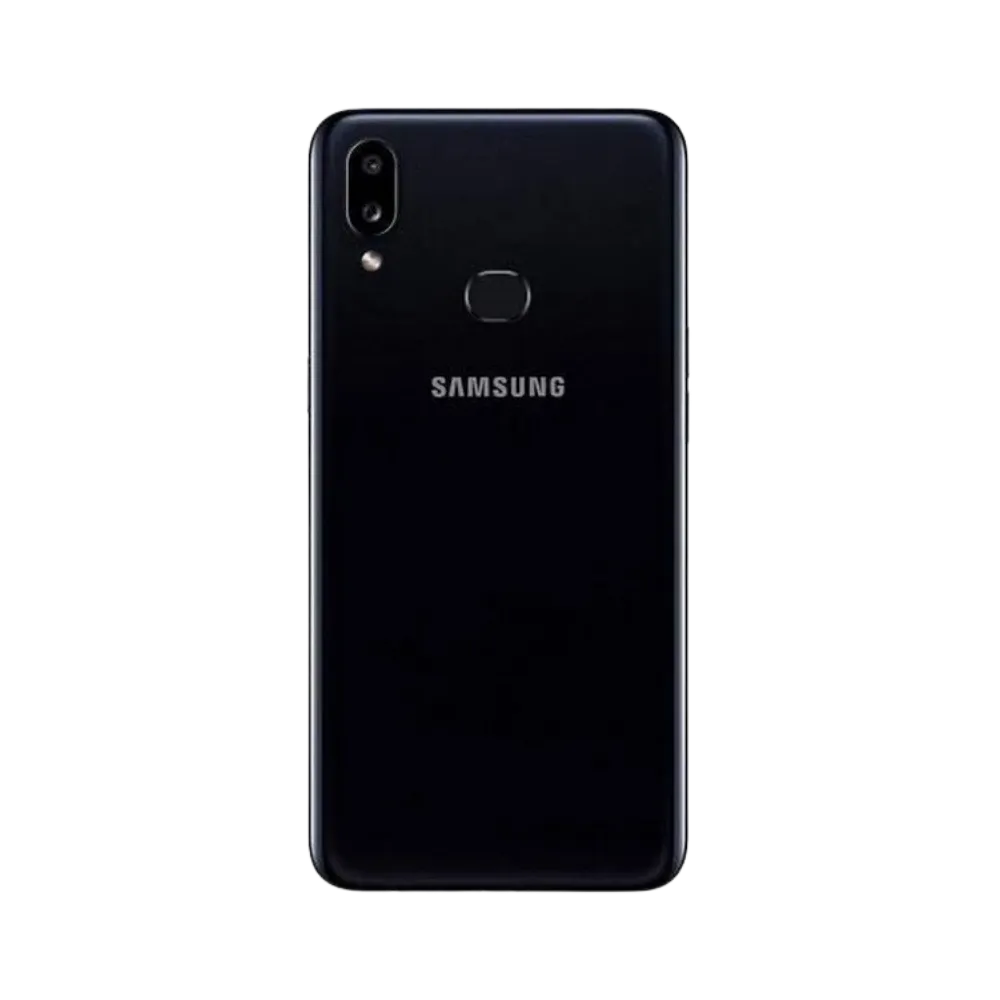 Dos noir Samsung Galaxy A10s avec double caméra et capteur d’empreintes – réparation vitre arrière cassée, changement batterie et restauration esthétique par iTelier Lyon – expertise locale, diagnostic offert, garantie 1 an.