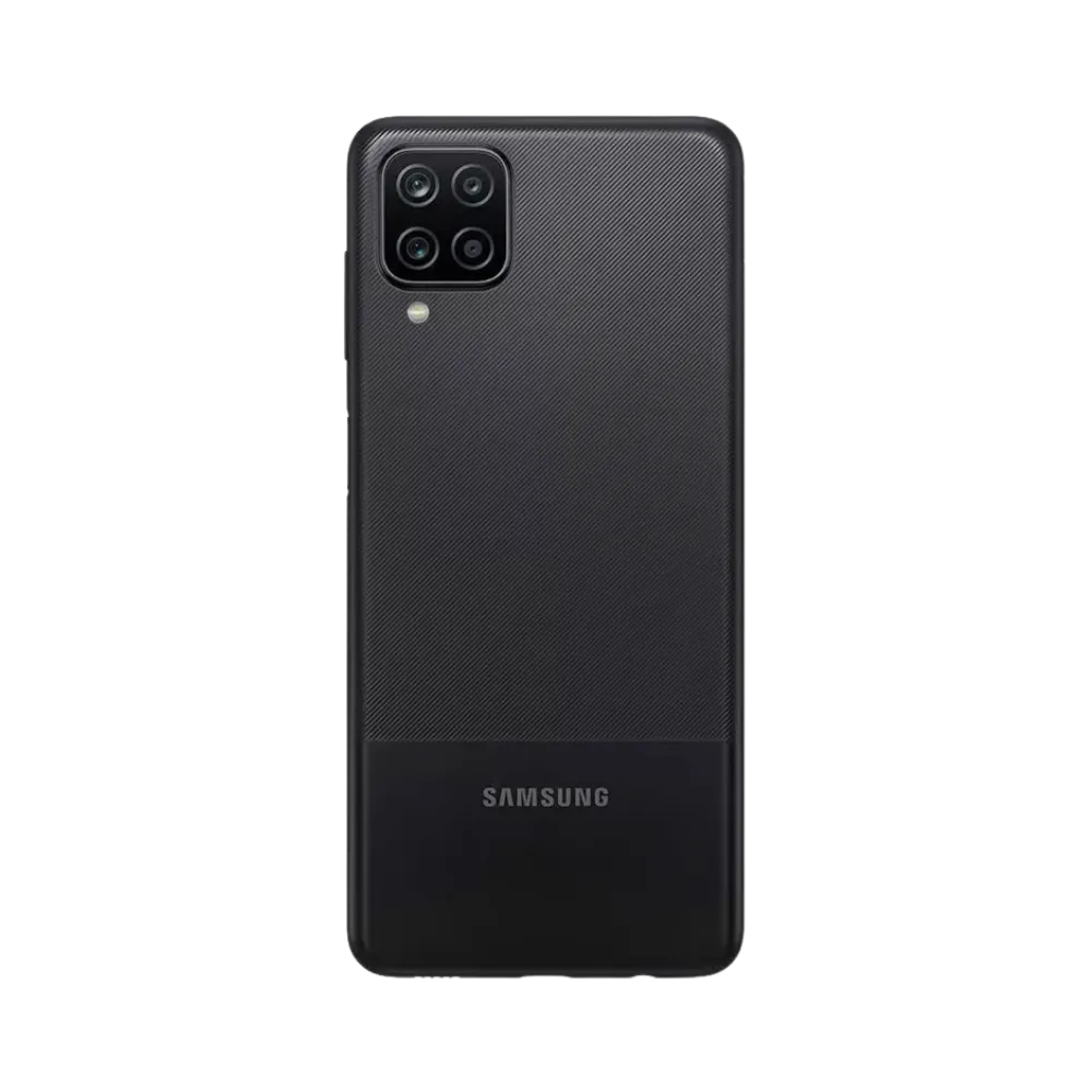 Dos noir Samsung Galaxy A12 avec quadruple caméra – réparation vitre arrière cassée, changement batterie et restauration esthétique par iTelier Lyon – expertise locale, diagnostic offert, service garanti 1 an.