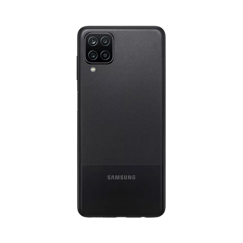 Dos noir Samsung Galaxy A12 avec quadruple caméra – réparation vitre arrière cassée, changement batterie et restauration esthétique par iTelier Lyon – expertise locale, diagnostic offert, service garanti 1 an.