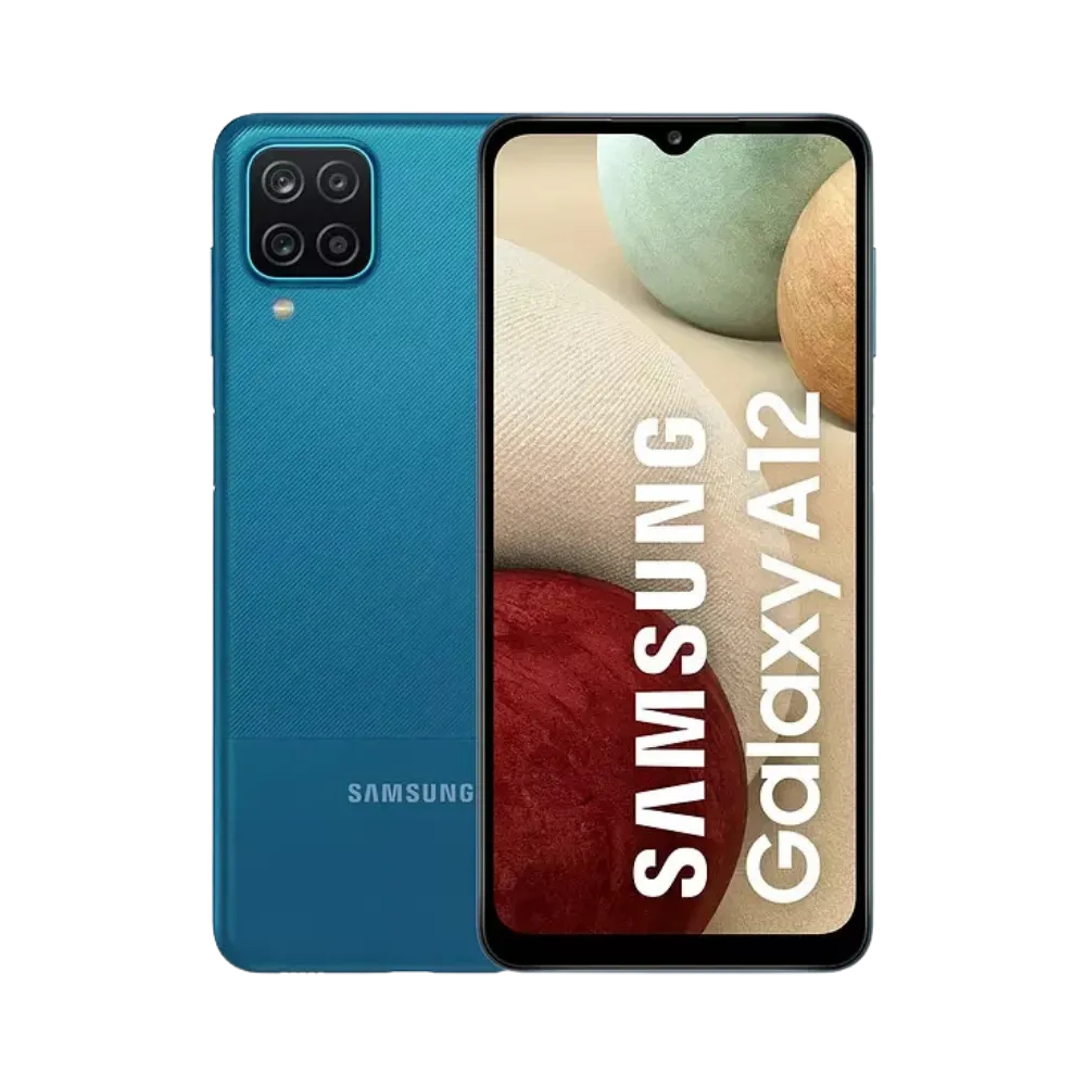 Samsung Galaxy A12s bleu vu de face et de dos – réparation écran LCD, remplacement batterie et vitre arrière avec iTelier Lyon – diagnostic gratuit, service express, garantie pièces et main-d’œuvre.
