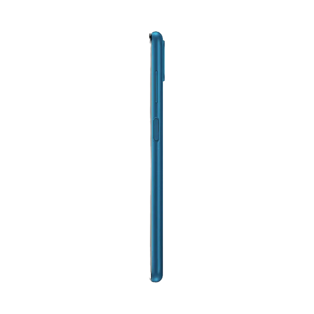 Samsung Galaxy A12s bleu vu de profil et de dos – réparation vitre arrière endommagée, changement batterie et restauration esthétique par iTelier Lyon – expertise locale, diagnostic offert, service garanti 1 an.