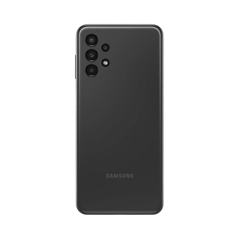 Dos noir Samsung Galaxy A13 4G avec quadruple caméra – réparation vitre arrière cassée, changement batterie et restauration esthétique par iTelier Lyon – expertise locale, diagnostic offert, service garanti 1 an.