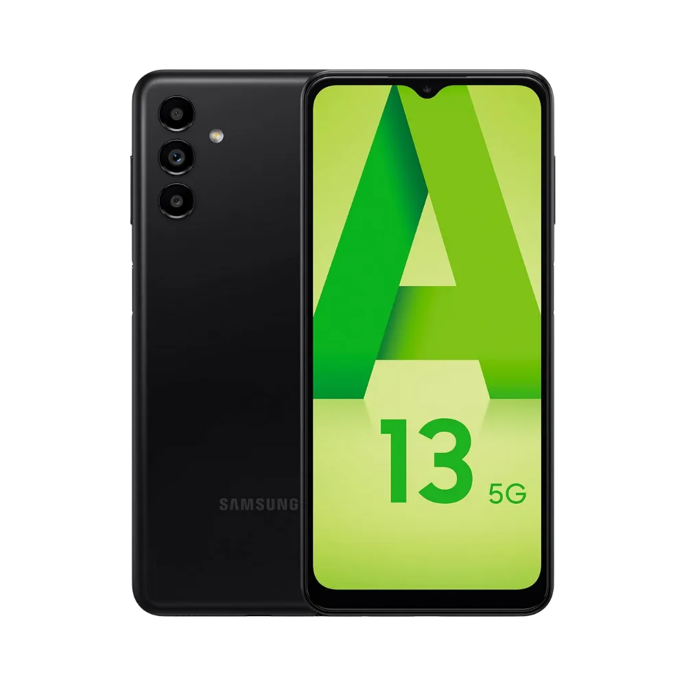 Samsung Galaxy A13 5G noir vu de face et de dos – réparation écran LCD, remplacement batterie et vitre arrière avec iTelier Lyon – diagnostic gratuit, service express, garantie pièces et main-d’œuvre.