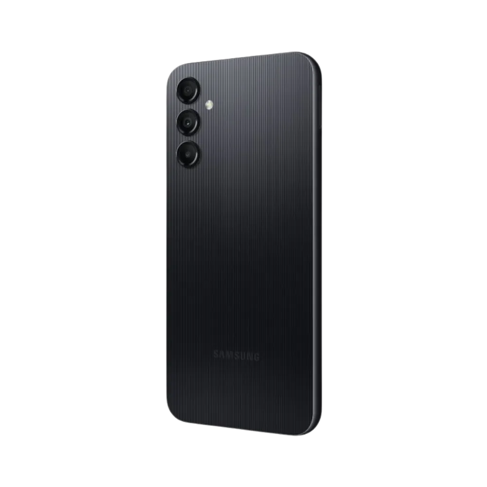 Dos noir Samsung Galaxy A14 4G avec triple caméra verticale – réparation vitre arrière cassée, changement batterie et restauration esthétique par iTelier Lyon – expertise locale, diagnostic offert, service garanti 1 an.