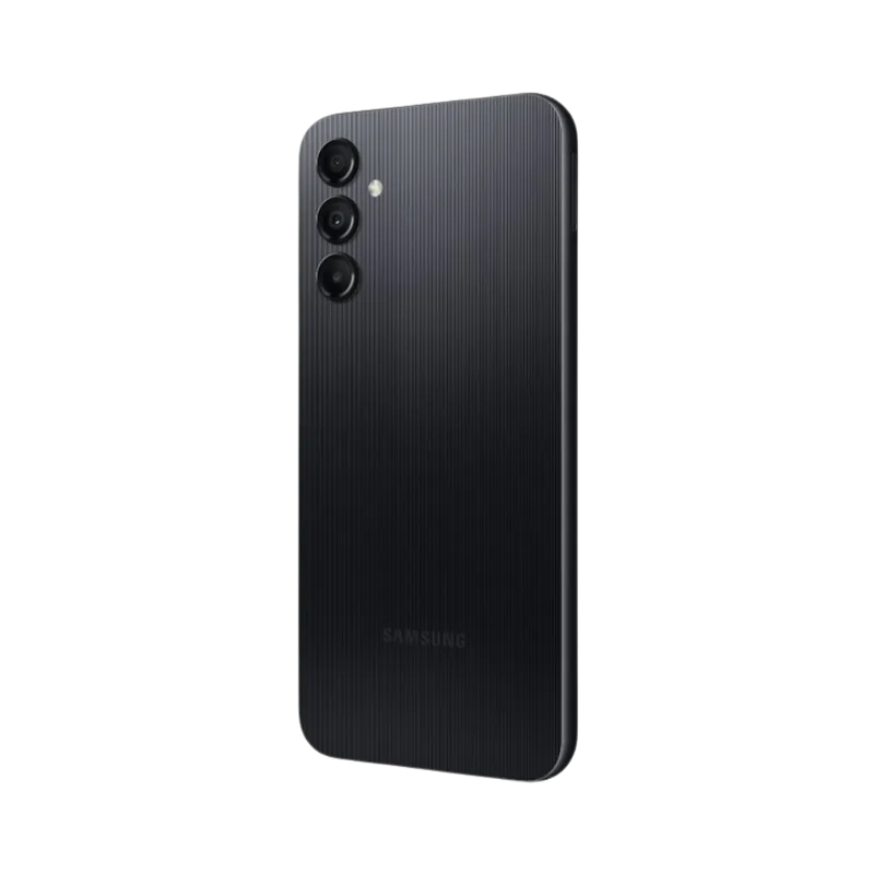 Dos noir Samsung Galaxy A14 4G avec triple caméra verticale – réparation vitre arrière cassée, changement batterie et restauration esthétique par iTelier Lyon – expertise locale, diagnostic offert, service garanti 1 an.