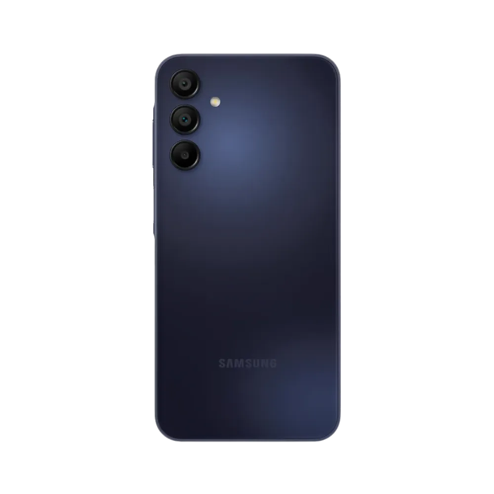 Dos bleu foncé Samsung Galaxy A15 4G avec triple caméra – réparation vitre arrière cassée, changement batterie et restauration esthétique par iTelier Lyon – expertise locale, service professionnel garanti 1 an.
