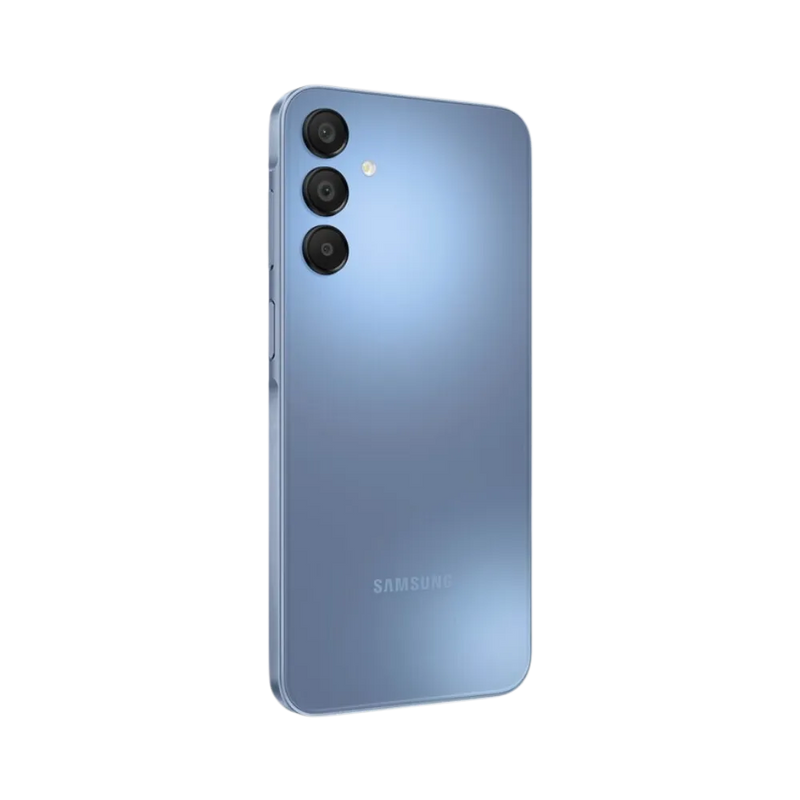Samsung Galaxy A15 5G bleu vu sous un angle incliné – réparation connecteur de charge, boutons latéraux et pièces internes par iTelier Lyon – diagnostic offert, service rapide, envoi national sécurisé.