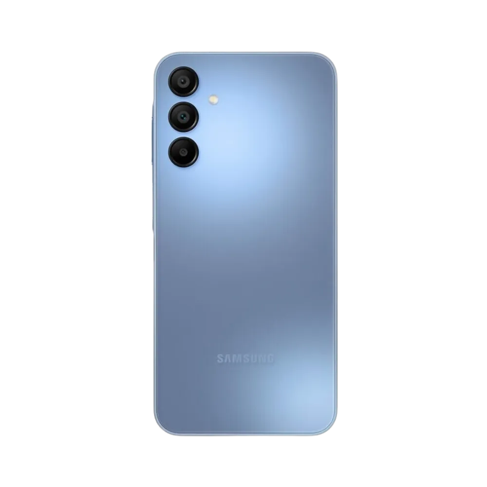 Dos bleu Samsung Galaxy A15 5G avec triple caméra – réparation vitre arrière fissurée, changement batterie et restauration esthétique par iTelier Lyon – expertise locale, service professionnel garanti 1 an.