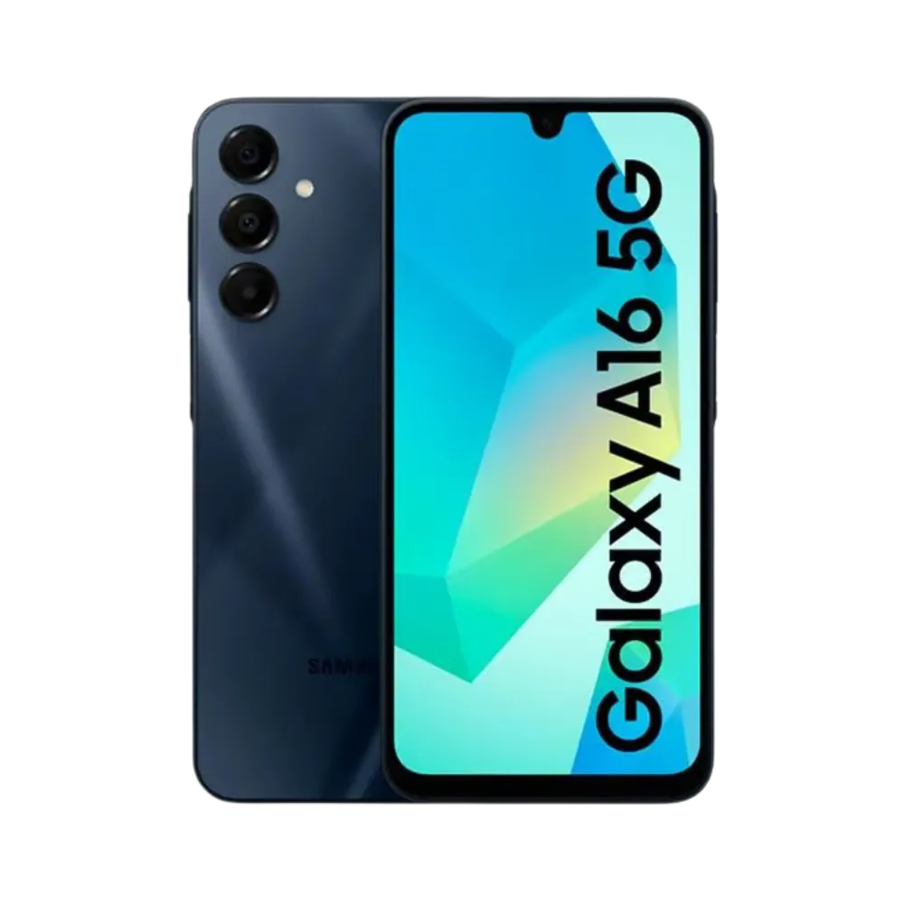 Samsung Galaxy A16 5G bleu vu de face et de dos – réparation écran LCD/AMOLED, remplacement batterie et vitre arrière avec iTelier Lyon – diagnostic offert, service express, garantie pièces et main-d’œuvre.