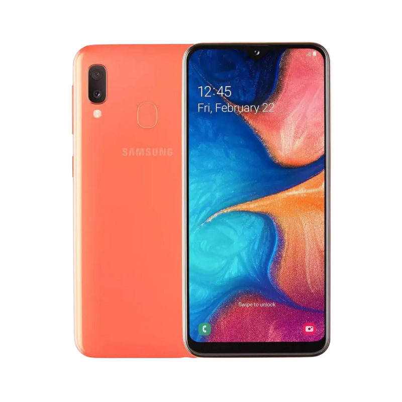 Samsung Galaxy A20 orange vu de face et de dos – réparation écran LCD, remplacement batterie et vitre arrière avec iTelier Lyon – diagnostic offert, service express, garantie pièces et main-d’œuvre.