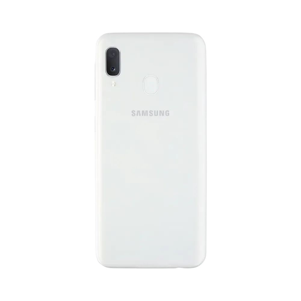 Dos blanc Samsung Galaxy A20e avec double caméra et capteur d’empreintes – réparation vitre arrière cassée, changement batterie et restauration esthétique par iTelier Lyon – expertise locale, diagnostic offert, garantie 1 an.