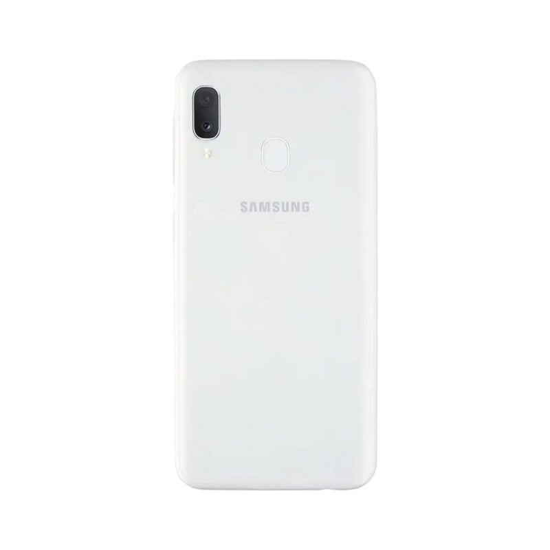 Dos blanc Samsung Galaxy A20e avec double caméra et capteur d’empreintes – réparation vitre arrière cassée, changement batterie et restauration esthétique par iTelier Lyon – expertise locale, diagnostic offert, garantie 1 an.