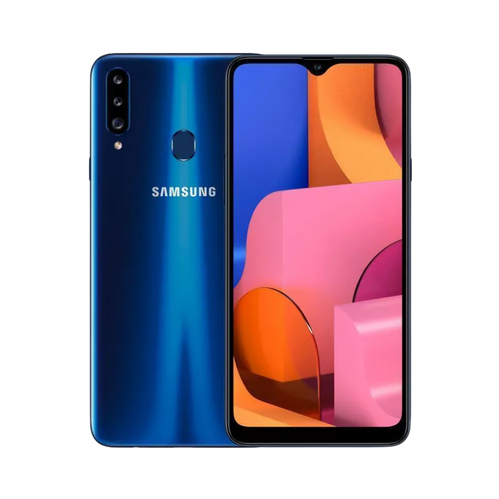 Samsung Galaxy A20s bleu vu de face et de dos – réparation écran LCD, remplacement batterie et vitre arrière avec iTelier Lyon – diagnostic gratuit, service express, garantie pièces et main-d’œuvre.