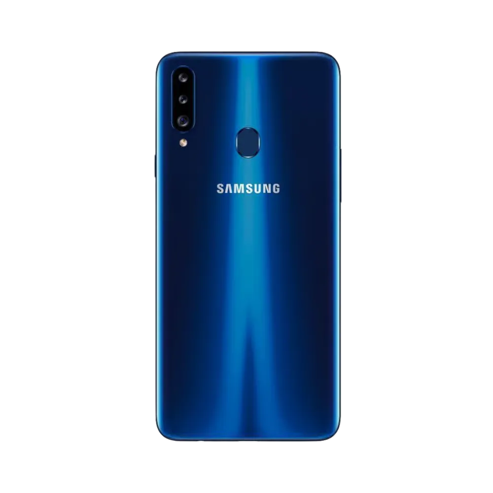Dos bleu Samsung Galaxy A20s avec triple caméra et capteur d’empreintes – réparation vitre arrière cassée, changement batterie et restauration esthétique par iTelier Lyon – expertise locale, diagnostic offert, garantie 1 an.