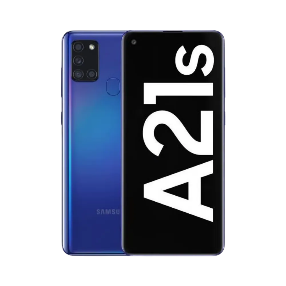 Samsung Galaxy A21s bleu vu de face et de dos – réparation écran LCD, remplacement batterie et vitre arrière avec iTelier Lyon – diagnostic gratuit, service express, garantie pièces et main-d’œuvre.